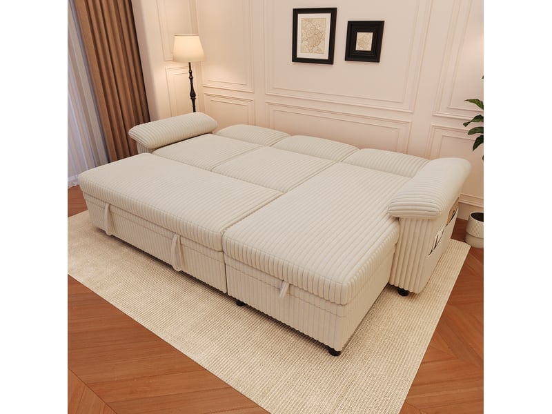  Canapé d’angle convertible modenvie réversible avec coffre, dossier réglable, usb et type-c, velours côtelé beige 214 x 138,5 x 89 cm  - Conforama E