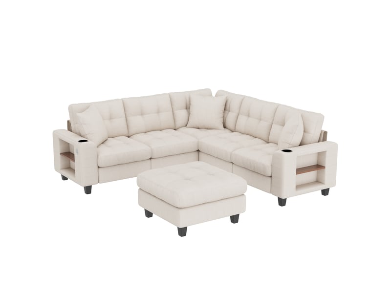 Canapé d'angle 216.5x216.5x83 modulable en forme de u avec pouf amovible accoudoirs et bibliothèque canapé 6 places porte-gobelet et ports usb-c chenille beige BUYDEEMEUS - Conforama A