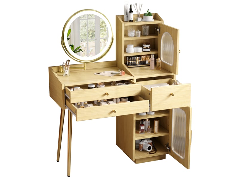  Coiffeuse avec miroir lumineux pivotant, 2 portes vitrées, 3 tiroirs, aspect bois naturel, 100 x 40 x 131 cm  - Conforama A