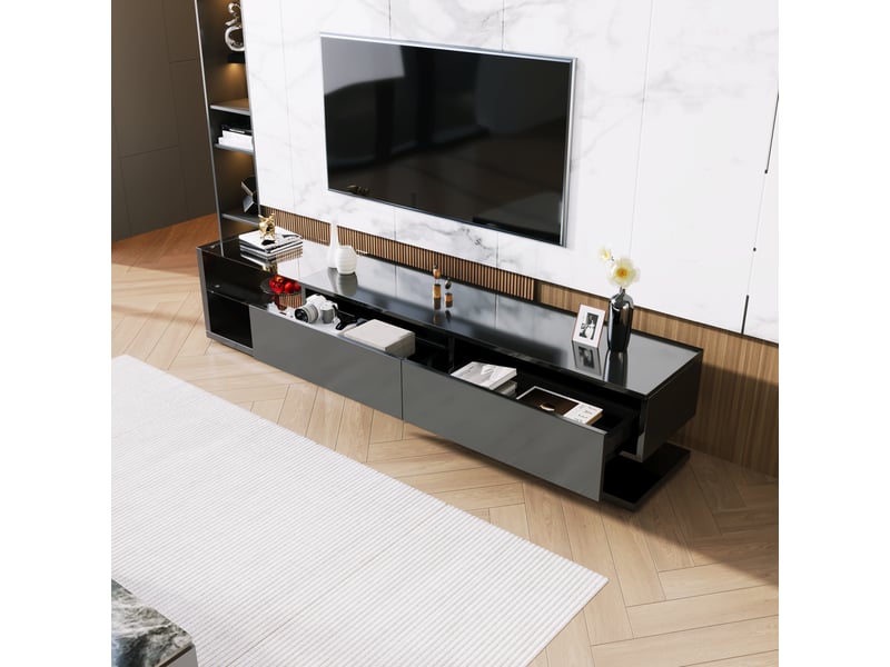  Meuble tv bas laqué modulable - lowboard salon avec cloisons en verre led - moderne et rustique  - Conforama E