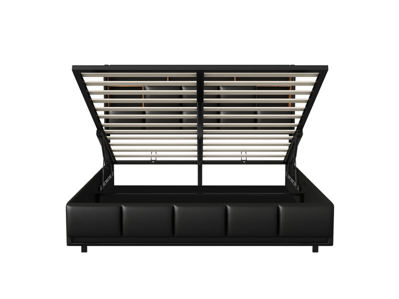  Lit coffre 2 places 140x190 cm avec rangement, lit adulte, niches, led, port usb, tissu en fond, pu noir  - Conforama E