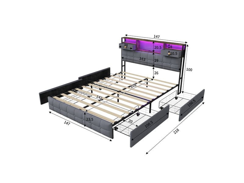  Lit 140x200 avec 4 tiroirs, lit adulte avec led rgb et ports de charge, lit double, tête de lit avec rangement intégré, tissu velours, moderne, gris  - Conforama E