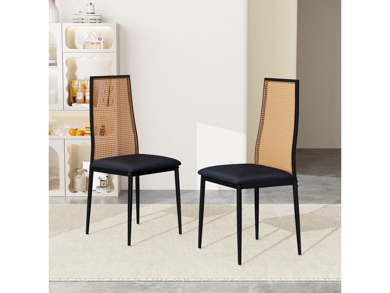  Lot de 2 chaises de salle à manger à dossier haut en rotin – design noir et naturel, assise rembourrée noire, style industriel et champêtre  - Conforama C