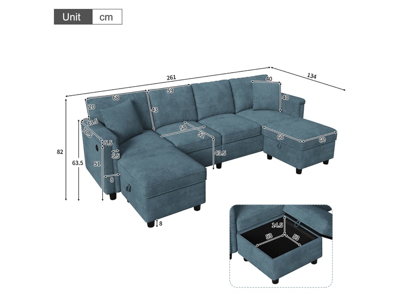 Canapé modulable 261x134x82 cm – bleu – convertible en angle ou en u avec 2 sièges de rangement, 4 places  - Conforama C