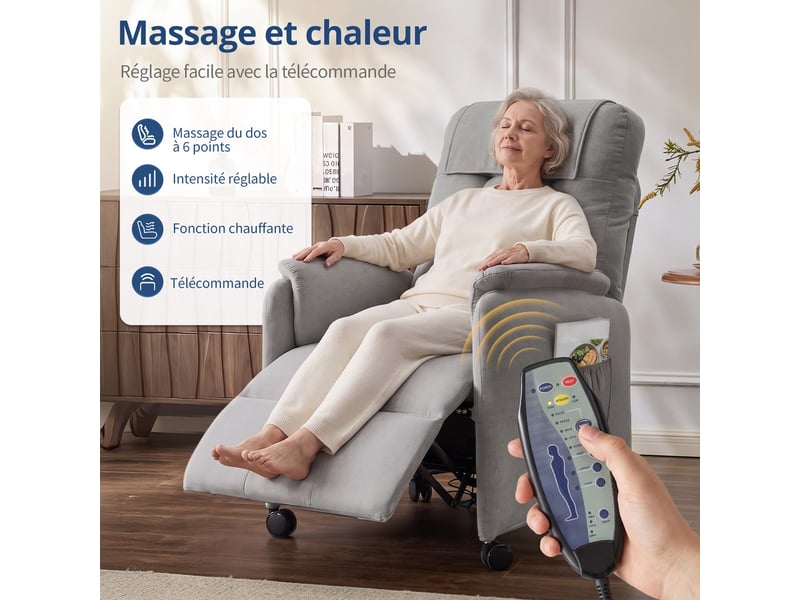 Fauteuil de massage électrique, fauteuil détente pour télévision avec fonction massage et chaleur, 4 roues, gris clair - Conforama E