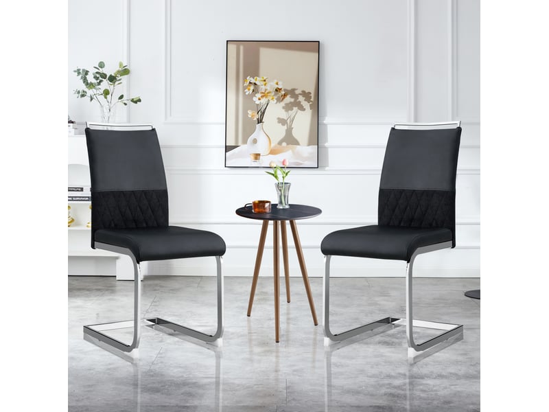 Lot de 2 chaises de salle à manger noires, dossier haut en polyuréthane et lin, assise rembourrée, style moderne  - Conforama C