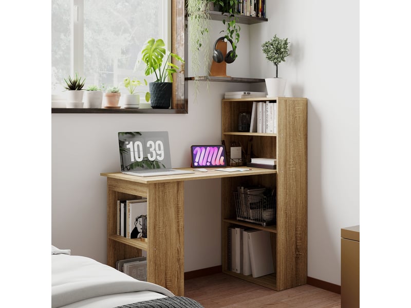  Bureau informatique avec étagère de rangement bureau d'angle adjacente bibliothèque multi-rangements chêne  - Conforama D