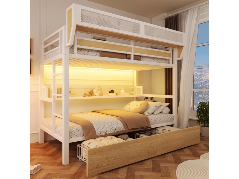 Lit superposé 90 x 200 cm blanc en métal et mdf, 2 tiroirs, rangements et bande led multicolore réglable - Conforama B