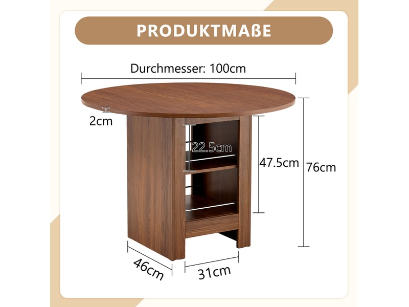  Table de salle à manger ronde, 100x100x76 cm, moderne espace de rangement, plateau mdf, piètement métal, coloris noyer  - Conforama C
