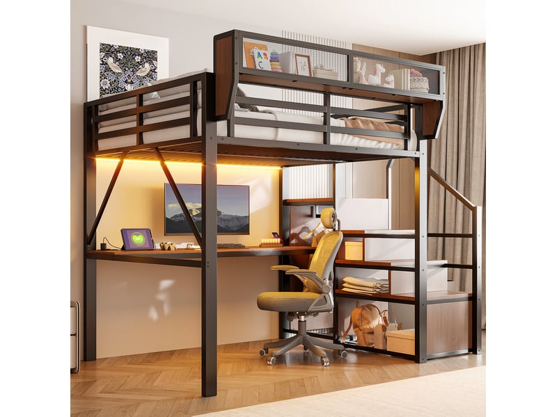 Lit mezzanine 140 x 200 cm en métal avec bureau, led et rangements, noir - Conforama E