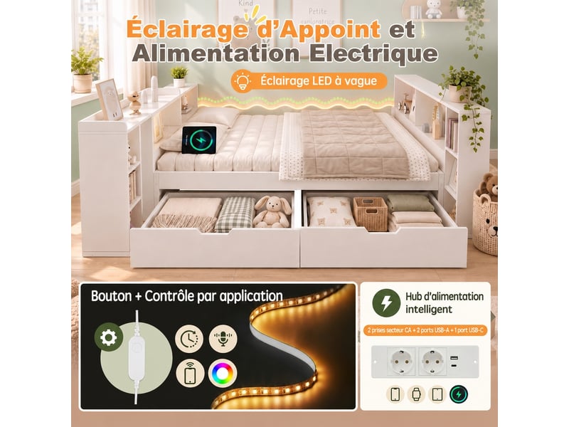  Lit 140 x 200 cm avec deux tiroirs, led intégrée et bureau escamotable, blanc  - Conforama E