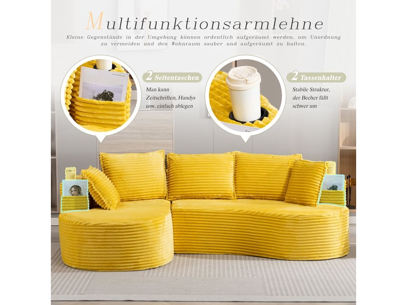 Canapé cord doux respirant porte-gobelet intégré poche de rangement mousse haute densité coussins inclus compressé prêt à l'emploi - Conforama D