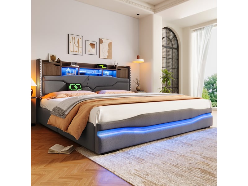  Lit coffre hydraulique 180x200 cm avec tête de lit avec rangement, led, usb-c, prise intégrée, éclairage d'ambiance, lit double en tissu lin - gris  - Conforama E
