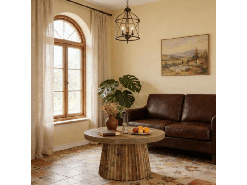  Table basse ronde 80x80x45 cm pied cannelé mdf marron  - Conforama C