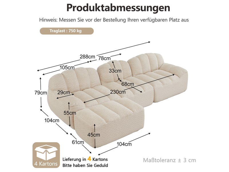  Canapé d'angle modulaire ulevr 3 places avec ottoman, tissu bouclette beige blanc, 288 x 165 x 79 cm  - Conforama C