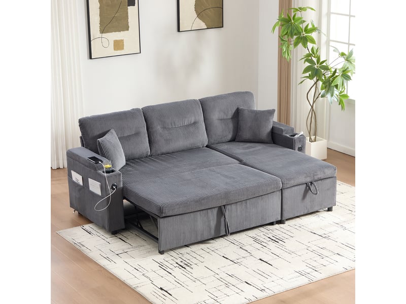  Canapé convertible moderne 3 places avec rangement hydraulique et port usb-c, velours côtelé, 212,5 x 136 x 86 cm - gris anthracite  - Conforama D