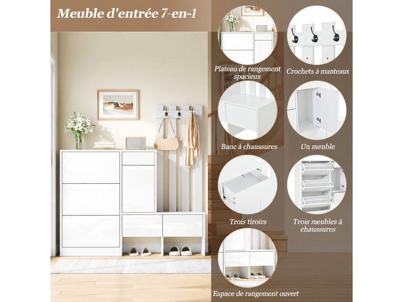  Meuble d’entrée 7 en 1 avec banc et patères, 3 abattants, 160 x 35 x 160 cm, blanc  - Conforama C