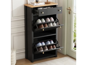 Petit meuble à chaussures 50x25x95 cm, design plat pour couloir étroit, 1 tiroir et 2 portes abattantes, capacité ajustable, idéal petits espaces, mdf noir