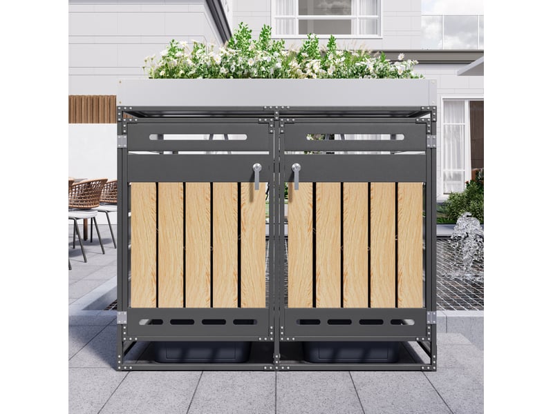  Abri poubelle avec jardinière intégrée, 2 compartiments, ventilation et portes verrouillables en fer noir 137 × 79 × 125 cm  - Conforama C