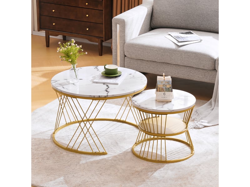  Table basse gigogne effet marbre blanc lot de 2 tables rondes 70 cm  - Conforama R