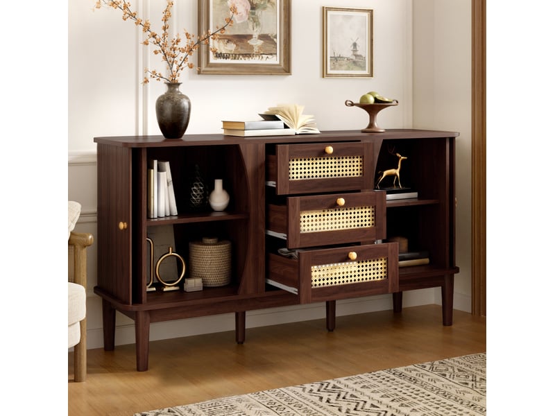  Buffet bas 141 cm en mdf bois foncé et paille, 3 tiroirs, portes coulissantes, rangement pour séjour  - Conforama B
