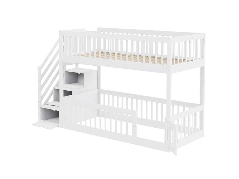  Lit superposé enfant 90x200 cm blanc en bois, escalier à tiroirs et couchage inférieur avec porte  - Conforama D
