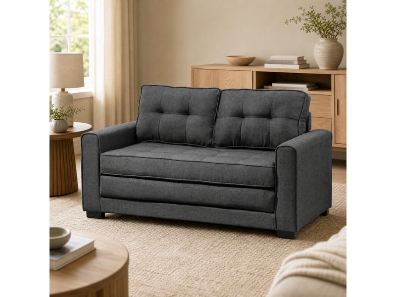  Canapé convertible 2 places avec couchage  - structure en bois massif, polyester effet lin - gris  - Conforama C