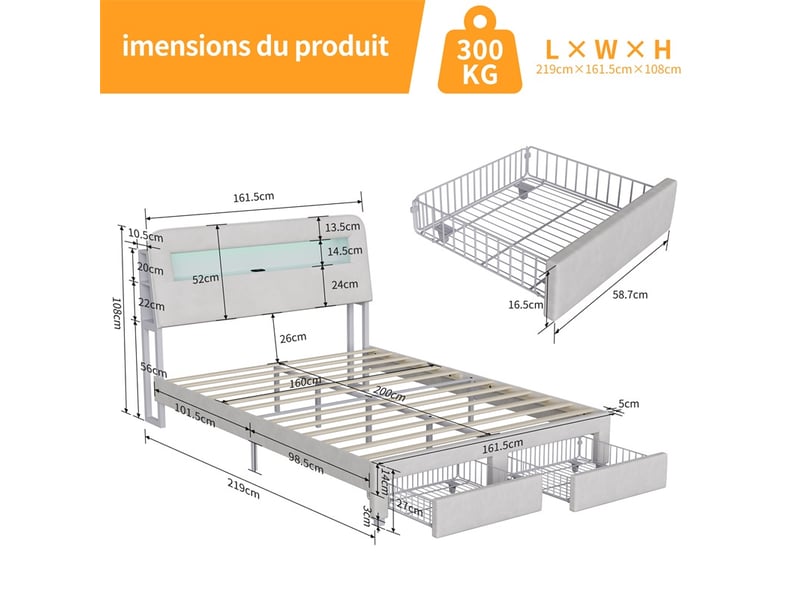  Lit 160x200cm - lit double 160x200cm - lit avec tête de lit velours, 2 tiroirs, led et usb type-c - blanc cassé  - Conforama E