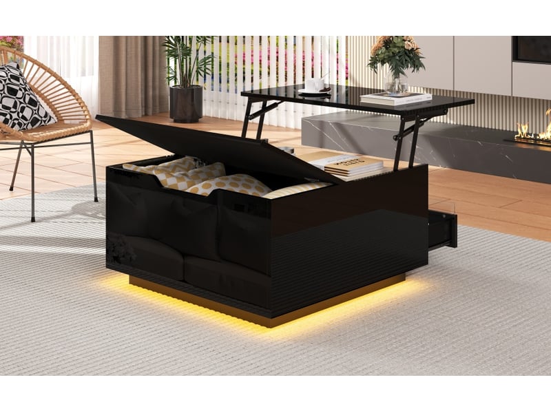  Table basse carrée 70x70x38 cm noire en panneau de particules avec plateau relevable led et rangement dissimulé tiroir evarich - Conforama E
