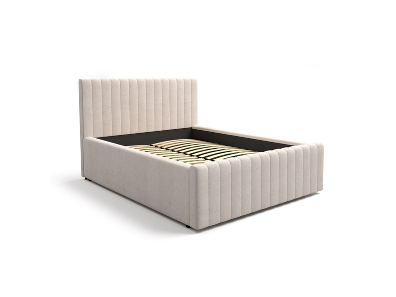  Lit double eloria 160x200 en tissu bouclé beige avec tête de lit capitonnée et sommier inclus  - Conforama A
