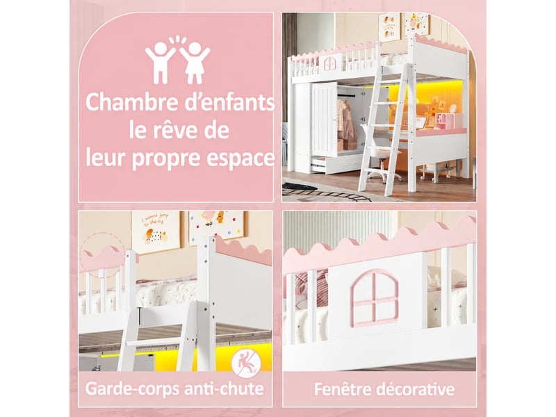 Lit mezzanine enfant 90x200 cm avec armoire, tiroir et led, structure en pin et mdf, blanc avec détails roses  - Conforama E