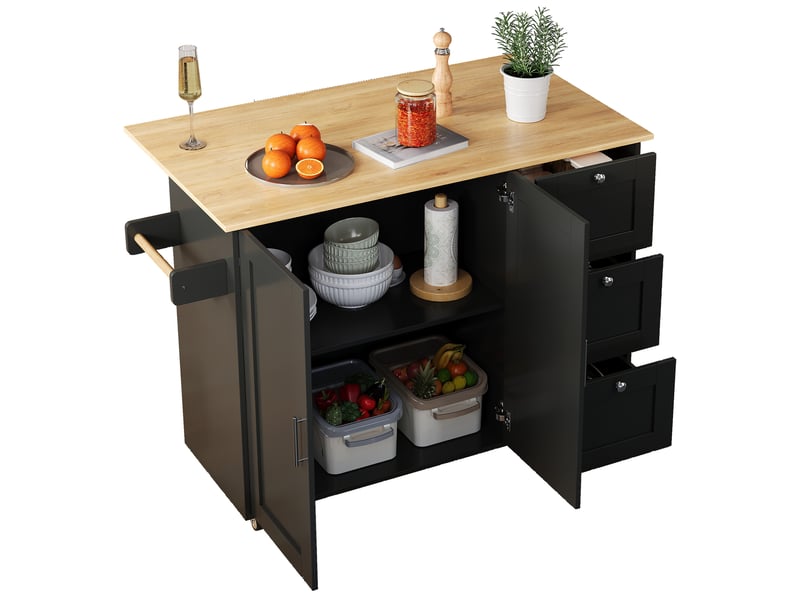  Desserte de cuisine 135x44(70)x90 cm noire et naturelle avec plateau rabattable  - Conforama A