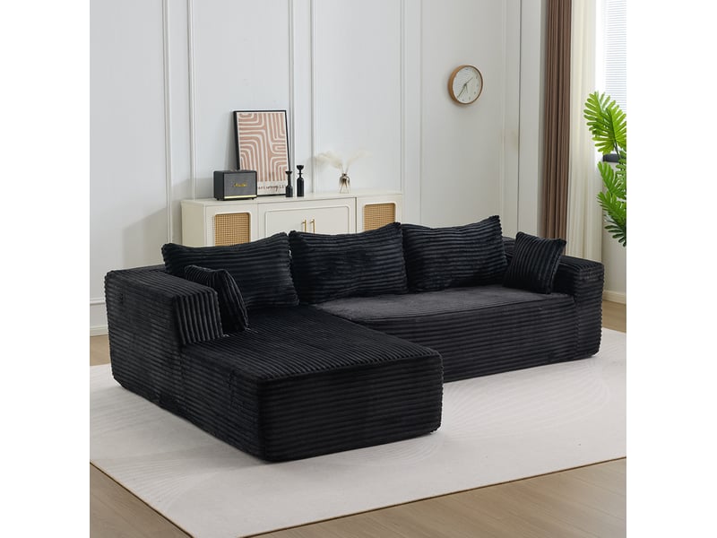  Canapé d’angle modulable modenvie avec chaise longue, 2 places, velours côtelé noir, 279 x 179 x 83 cm  - Conforama B