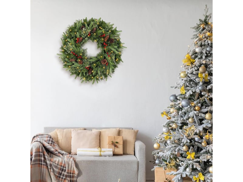 Couronne de noël pré-éclairée 50cm avec pommes de pin – artificielle, pour porte, fenêtre et mur  - Conforama E