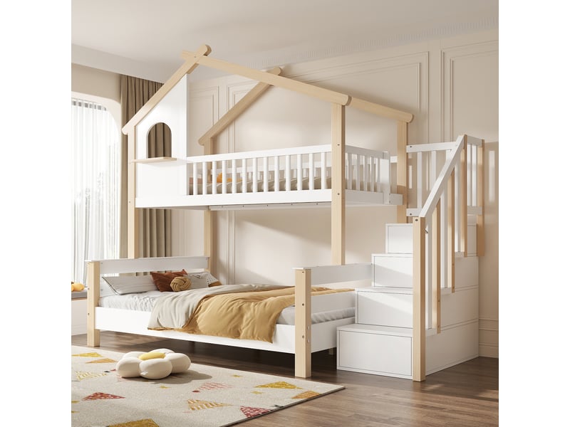 Lit superposé cabane 90 x 190 et 120 x 190 cm avec escalier de rangement, lit enfant en bois blanc naturel avec garde-corps et sommier à lattes - Conforama C