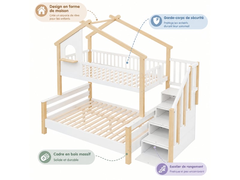  Lit superposé avec escalier de rangement, forme cabane, sommiers inclus, blanc et naturel, 90x190 et 120x190 cm  - Conforama A