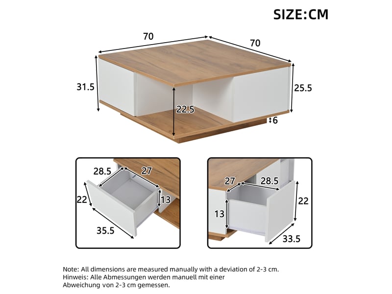  Table basse carrée 70 x 70 cm avec 3 tiroirs, rangement semi-ouvert, blanc et bois  - Conforama C