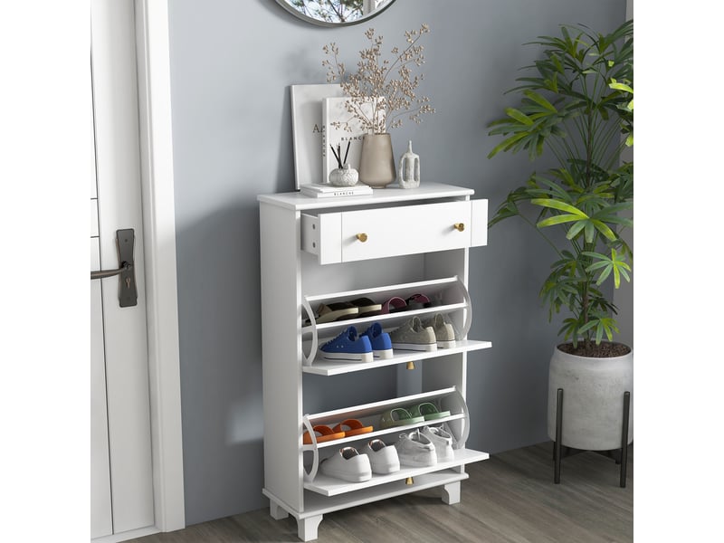  Meuble chaussure entrée étroit avec tiroirs à portes abattants et étagère réglable, 60 x 23,5 x 98,5 cm, blanc  - Conforama C