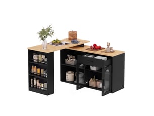 Îlot de cuisine avec plateau pivotant à 360° 136 x 50 x 78 cm, tiroir, étagères, portes vitrées et rangement, noir