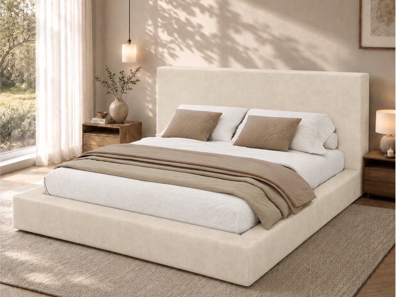  Lit rembourré, lit double 160 x 200cm avec sommier à lattes, tête de lit rembourrée, chenille beige  - Conforama B