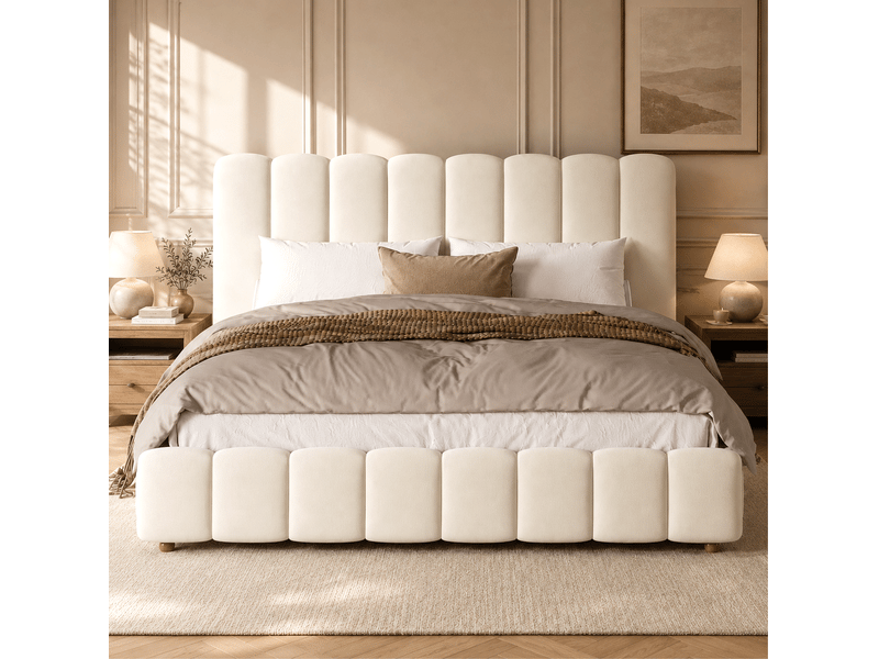  Lit coffre 180 × 200 cm 2 places avec grand rangement hydraulique, sans matelas, en velours beige  - Conforama C