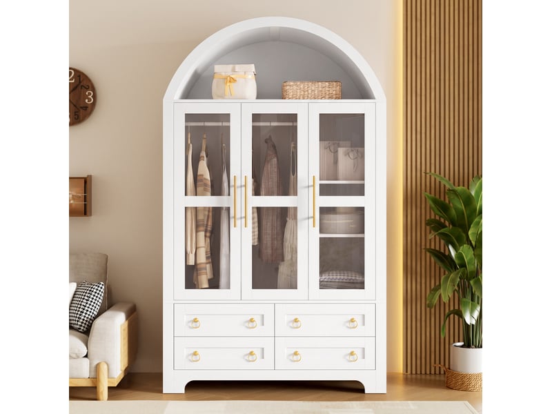  Armoire avec 3 portes vitrées, 4 tiroirs et led 110x50x186 cm blanche  - Conforama B
