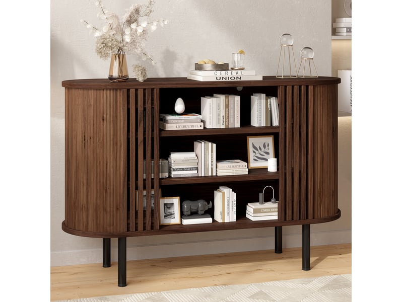 Buffet 120x40x80 cm à compartiments ouverts en mdf, pieds en métal, couleur marron foncé, design simple - Conforama D