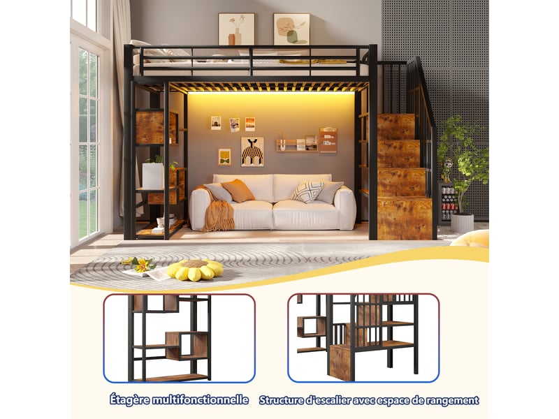  Lit mezzanine 90 x 200 cm sans matelas, métal et mdf, led, étagères, échelle, noir pour chambre  - Conforama E
