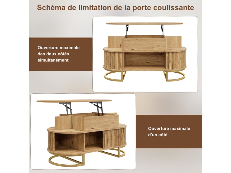  Table basse ovale, réglable en hauteur, en mdf, avec rangement et porte coulissante. Structure en tube d'acier et poignée en alliage de zinc.  - Conforama D