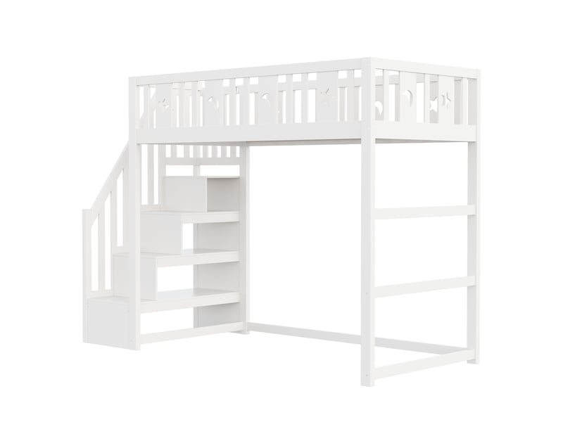  Lit superposé enfant avec escalier, bois massif blanc, 90x200 cm, barrières et déco étoiles-lune  - Conforama D