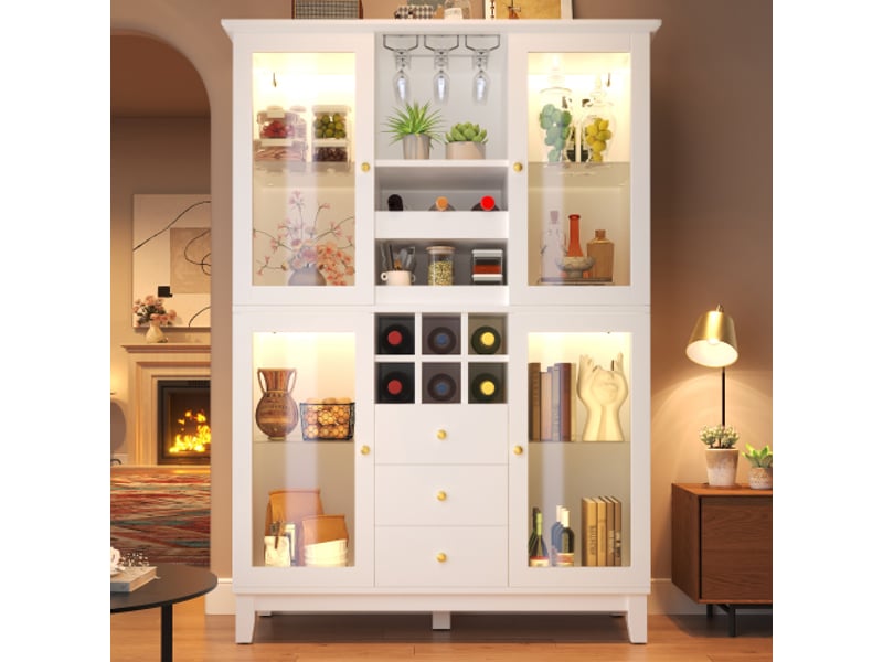 Armoire à vin led connectée par appli – 180,5x120x40 cm, 3 tiroirs, porte-verres, range-bouteilles, noirblanc  - Conforama B