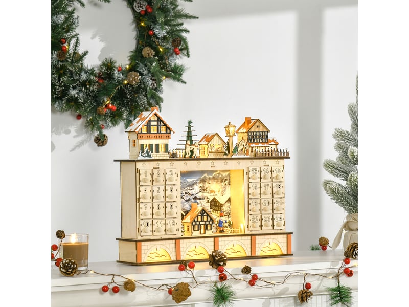  Calendrier de l'avent en bois à remplir, avec lumières et 24 tiroirs, 44 x 10 x 37 cm, couleur naturelle  - Conforama C