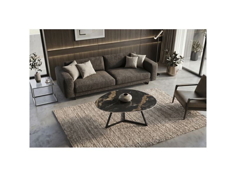 Table basse petrano 90 cm en céramique noire effet marbre sable et métal noir – forme organique - Conforama E