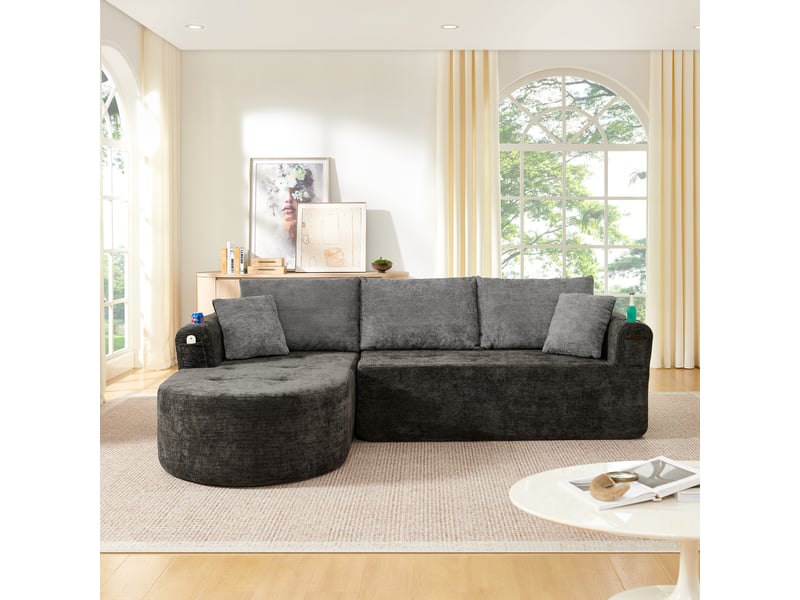  Canapé d'angle en l sans montage 255 x 170 cm noir avec porte-gobelet inox et rangements  - Conforama W